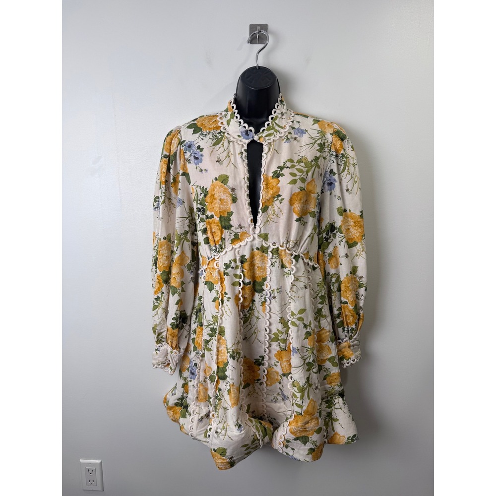 BHLDN Women Kali Long Sleeve Linen Fit & Flare Dress Floral Open Back Size 16